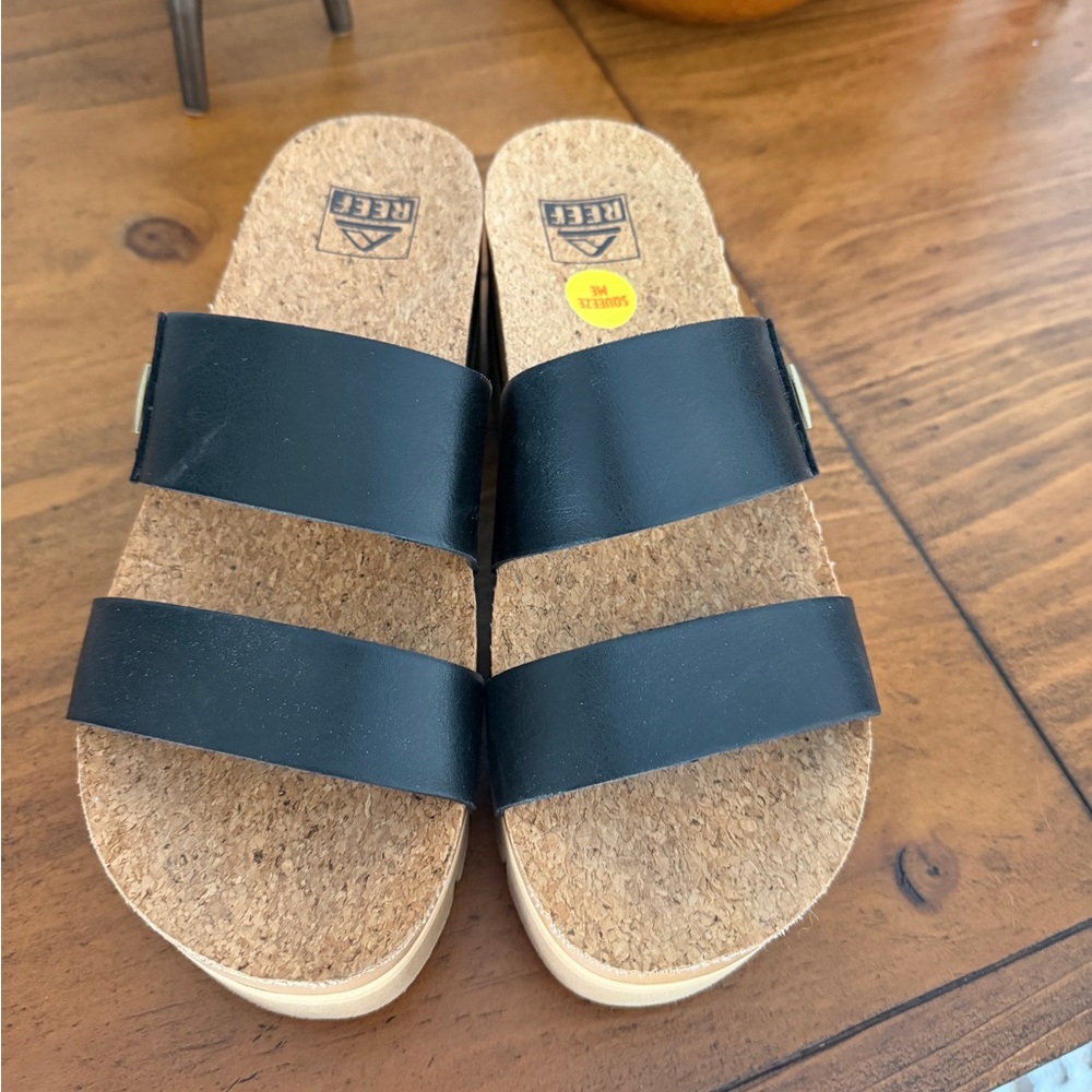 Reef Black Double-Strap Cork Footbed Slide Sandals